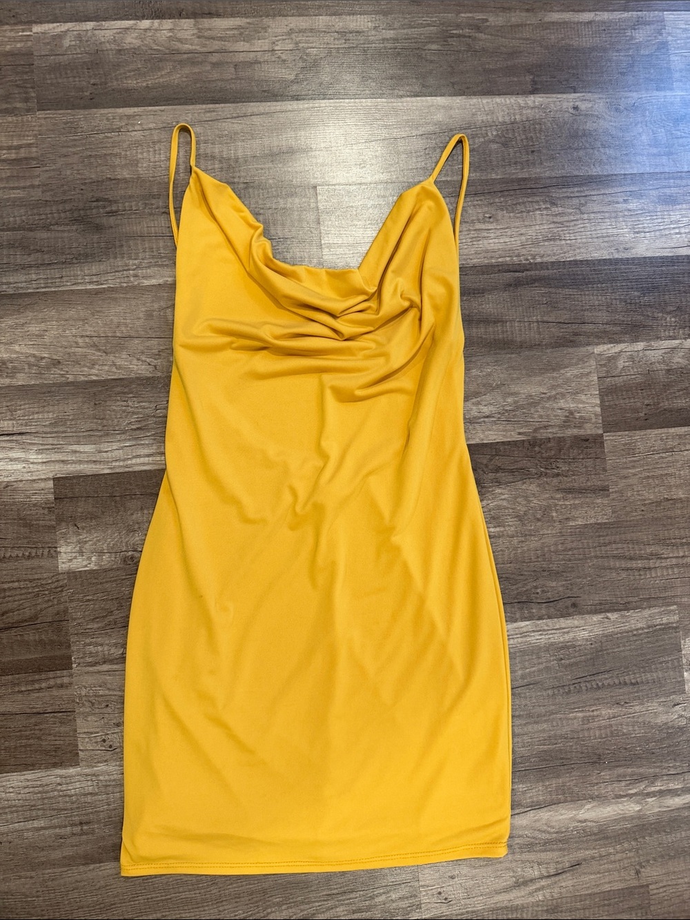 Cowl Neck Spaghetti Strap Mini Dress in Mustard